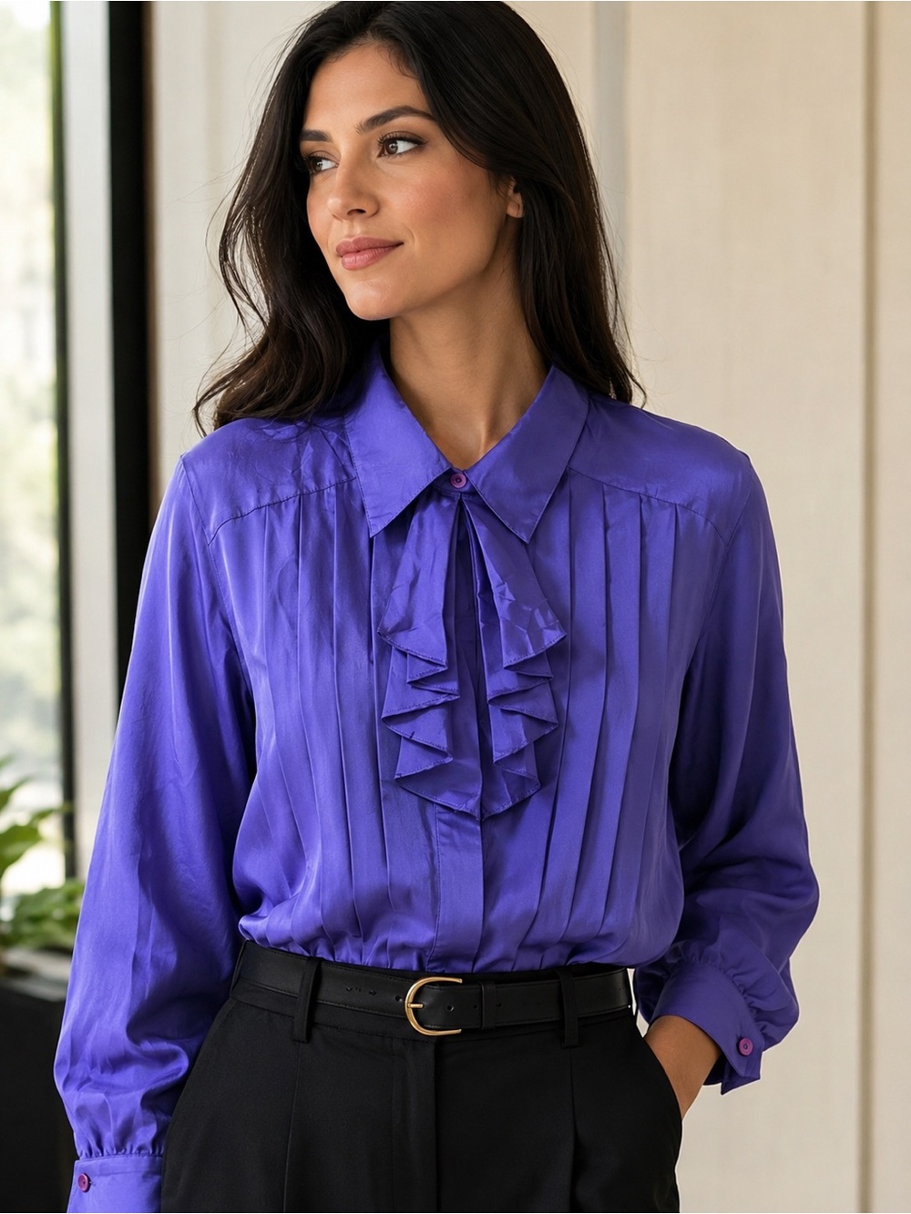 Ruffled Pintuck Satin Blouse - Violet/Blue